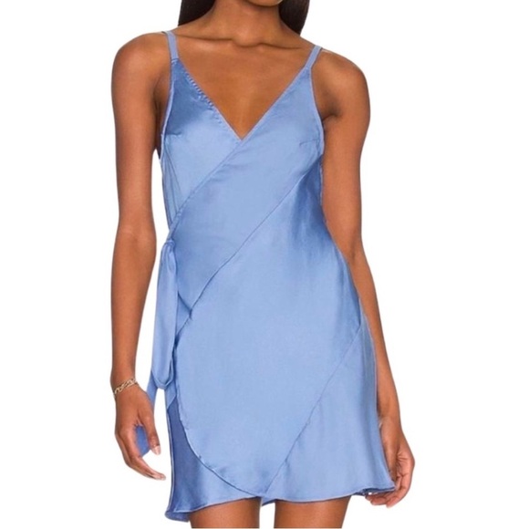 Free People Like Me Or Love Me Wrap Mini Slip Dress L Dusty Blue Silky Intimate - Picture 1 of 13